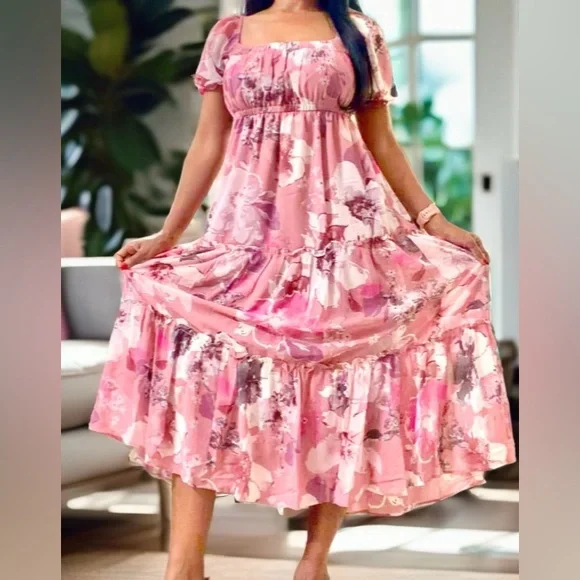 “Pink Floral Midi Dress Cottagecore Boho Square Neck Elastic Waist Size S” - Picture 9 of 9